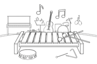 Ksilofonas su plaktuku (plokštelės kaip didelės paprastos formos) – muzikos instrumentų spalvinimo paveiksliukas