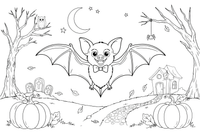 Draugiškas vampyras šikšnosparnis su peteliške – Helovino draugų spalvinimo paveiksliukas